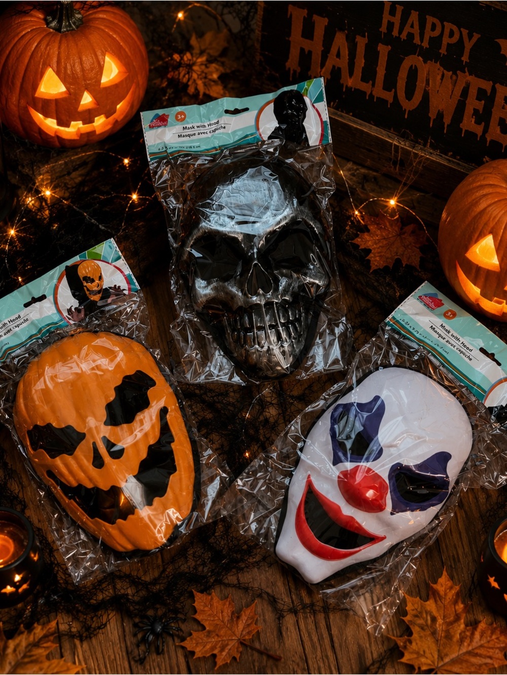 Halloween Costume Mask - Pumpkin, Black Skull, White Clown (pick 1)